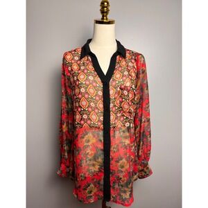 New Directions Button Down Women Medium Red Mixed Print Excellent Sheer Boho